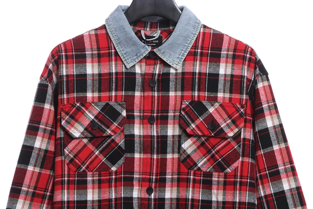 Red Plaid Panel Shirt Casual Street Outfit Replica